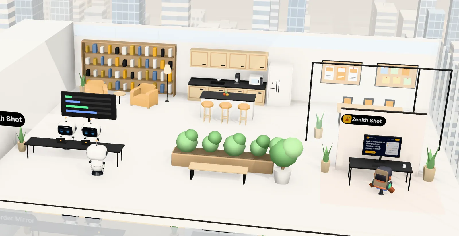 Zenith Shot’s office on floor 30 of Tower 1: the owner’s desk with the website on screen, the agents’ bench, a meeting room and a library
